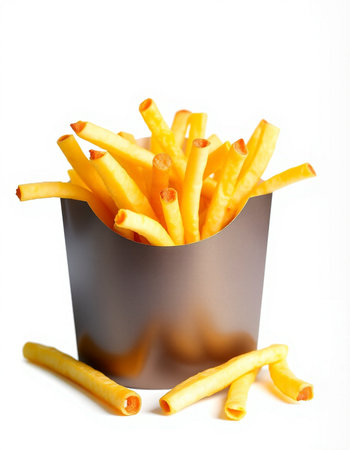 French fries in a metal box on a white background. Isolated