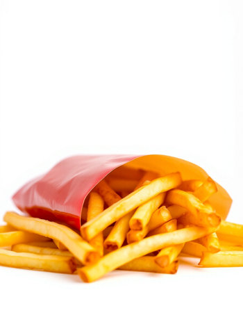 French fries in a red paper bag isolated on a white background.