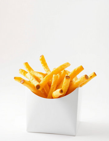 French fries in a white box on a white background. Selective focus