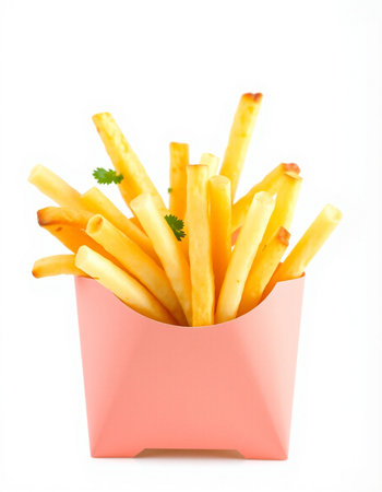 French fries in a pink box isolated on white background. Selective focus.