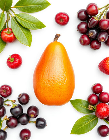 Fresh fruits and berries isolated on white background. Top view. Flat lay pattern.