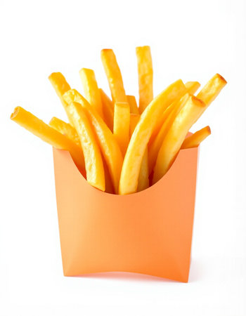 French fries in paper box isolated on white background. Selective focus.