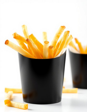 French fries in black paper cups on white background. Shallow dof.