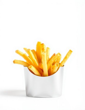 French fries in a paper box on a white background. Isolated
