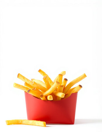 French fries in a red box on a white background. Selective focus.