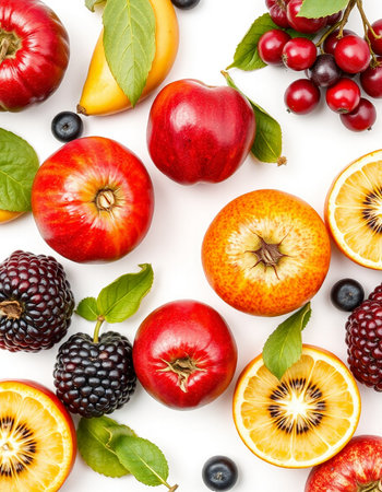 Fruits and berries isolated on white background. Top view. Flat lay patternの写真素材