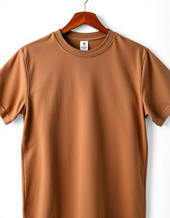 Brown t-shirt on a wooden hanger on a white backgroundの写真素材