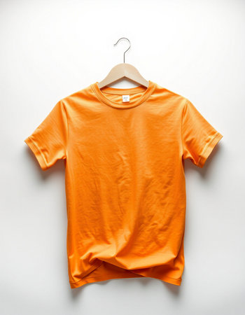 Orange t-shirt on a hanger on white background, isolated