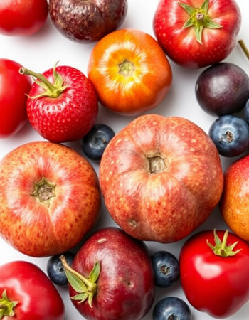 Fruits and vegetables on a white background. Flat lay, top view.