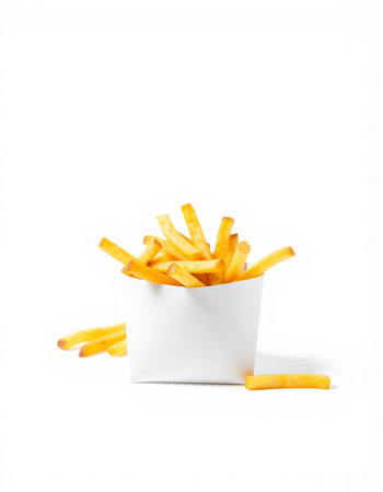 French fries in a paper box on a white background. Isolated