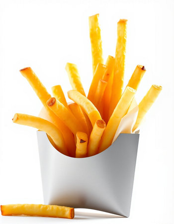 French fries in paper box isolated on white background. Selective focus.