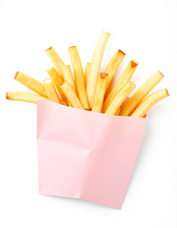 French fries in paper bag isolated on white background, top view.の写真素材
