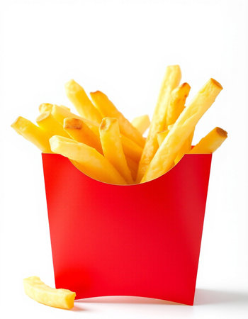 French fries in a red box isolated on white background. Fast food.