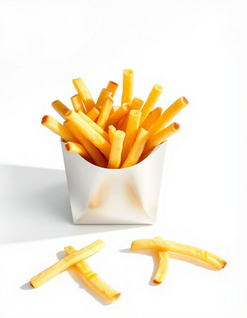 French fries in a white box on a white background with shadow.の写真素材