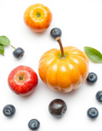 Pumpkin, blueberries and red apples on white background.の写真素材