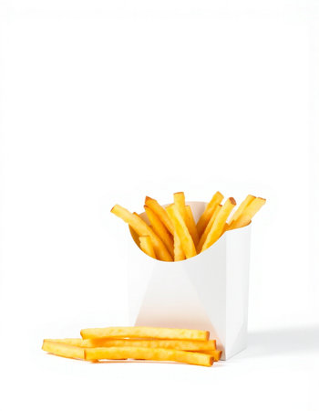 French fries in a white box on a white background. Isolated