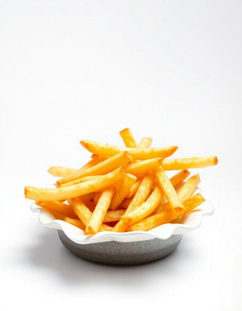 Golden French fries in a bowl isolated on white background. Selective focus.の写真素材