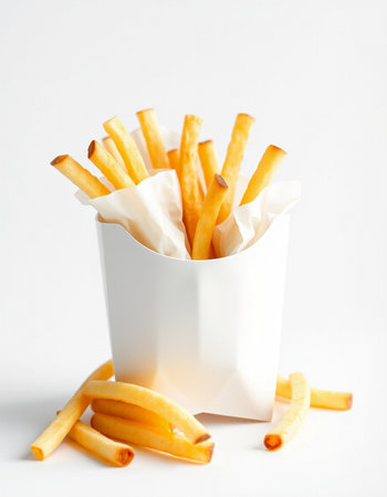 French fries in paper box on white background. Selective focus.の写真素材