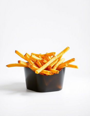 French fries in a black bowl isolated on white background. Selective focus.