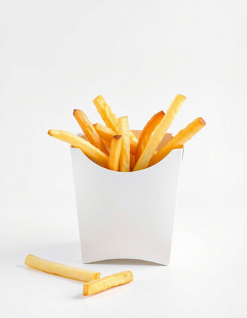 French fries in a white box on a white background, fast food