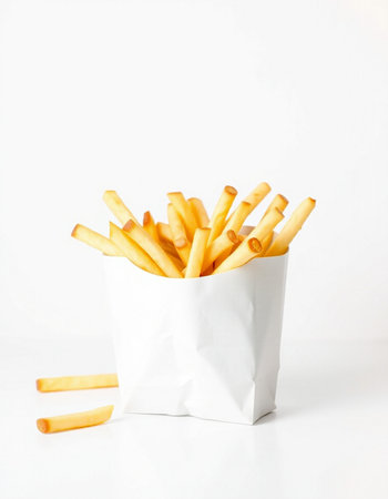French fries in paper box on white background. Selective focus.
