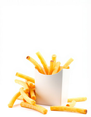 French fries in a white box on a white background. Isolated