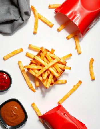 French fries with ketchup and mayonnaise on a white backgroundの写真素材