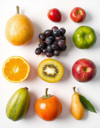 Fruits on a white background. View from above.の写真素材
