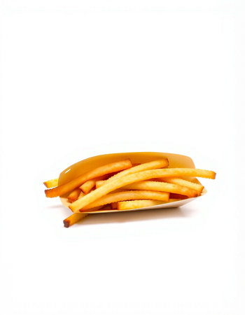 Golden French fries potatoes in a bowl isolated on a white background.