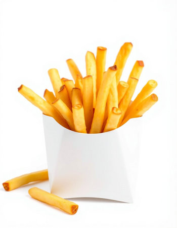 French fries in a white paper box on a white background, isolated