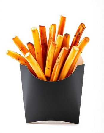 French fries in black box isolated on white background, clipping path included