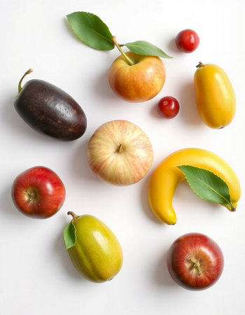 Fruits on a white background. Flat lay, top view.の写真素材