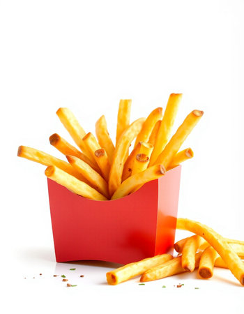 French fries in a red box on a white background. Fast food.