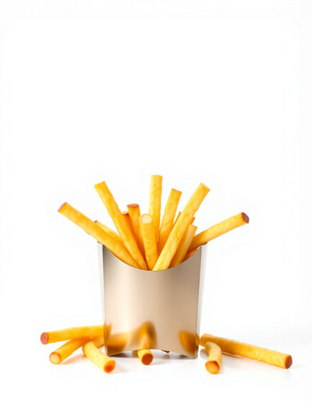 French fries in a box isolated on white background. Selective focus.