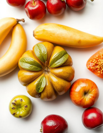 Variety of fruits and vegetables on white background. Healthy food concept.の写真素材