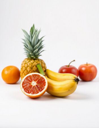 Fruits on white background. Banana, orange, pineapple, tomato.の写真素材