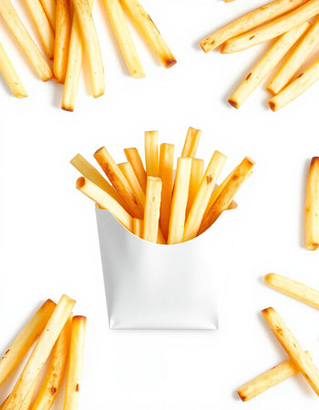 French fries isolated on white background. Top view, flat lay.