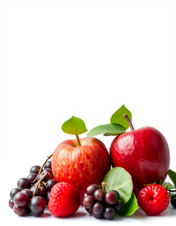 Fruits and berries on a white background. Shallow depth of field.の写真素材