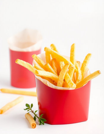 French fries in a red box on a white background. Selective focusの写真素材
