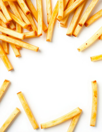 French fries on white background. Top view. Copy space for text.の写真素材