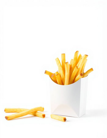 French fries in a white box on a white background. Isolated