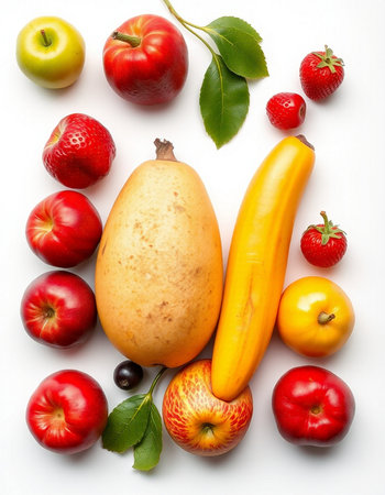 Fruits on a white background. Top view. Flat lay.の写真素材