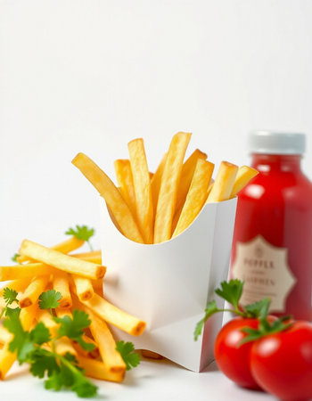 French fries with tomato sauce and parsley on a white background.の写真素材