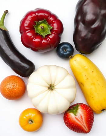 Vegetables and fruits isolated on white background. Top view.の写真素材