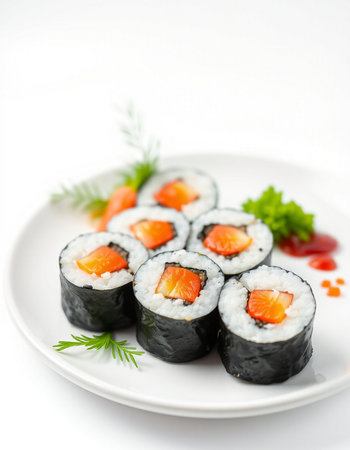 Japanese Cuisine - Sushi Roll with Salmon, Cream Cheese and Raw Salmon insideの写真素材