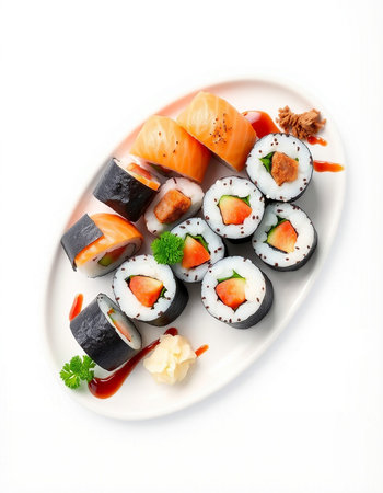 Sushi rolls on a white plate, isolated on white background.の写真素材