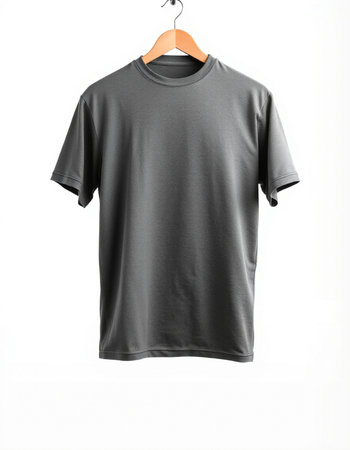 Gray t-shirt on a hanger on a white background.の写真素材