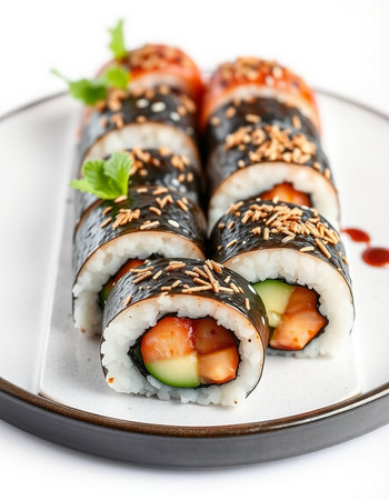 Sushi roll with salmon, cucumber and sesame seeds.の写真素材