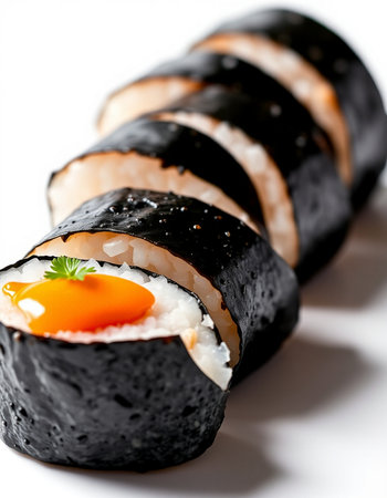 Sushi roll with rice, egg and nori on a white backgroundの写真素材