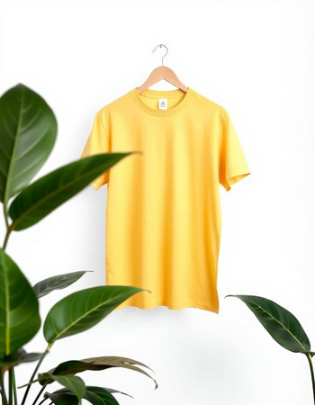 Yellow t-shirt on hanger on white background. Mockup for designの写真素材